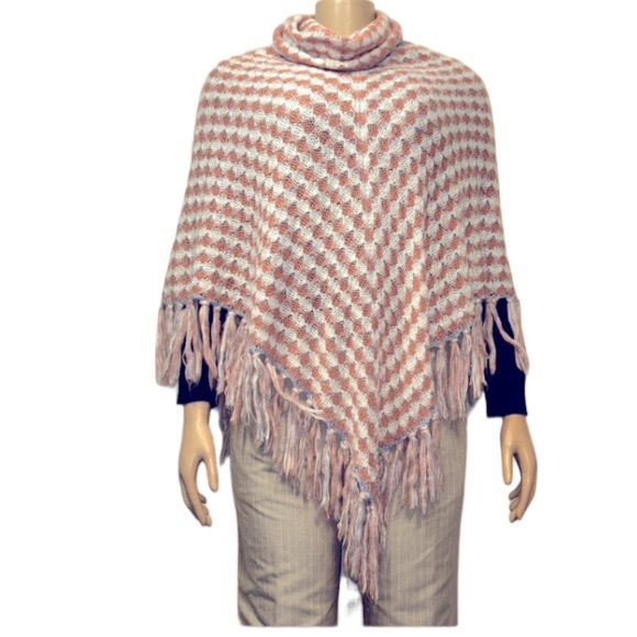 Karma Woman's Poncho Turtleneck loose Knit Fringe hem Ivory Pink blue size OS - Picture 11 of 14